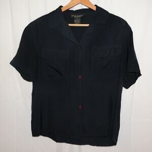 Seta Studio Blouses 100% Silk Size Small Short Sleeve Midnight Blue Button Up